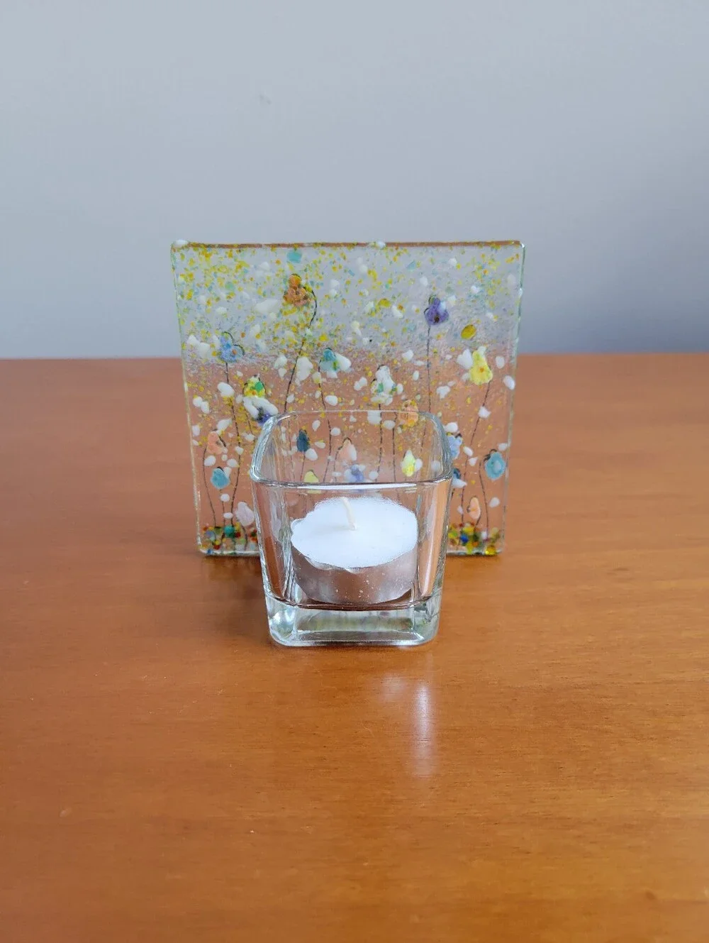 Fused Glass Wildflower Meadow Tealight Candle Holder Art Multicolor